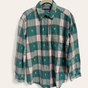 Vintage Citicraze Floral Embroidered Teal Cream Plaid Button Shirt Size Large